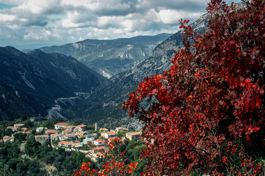 Peloponnese landscape and a village in Mount Taygetos