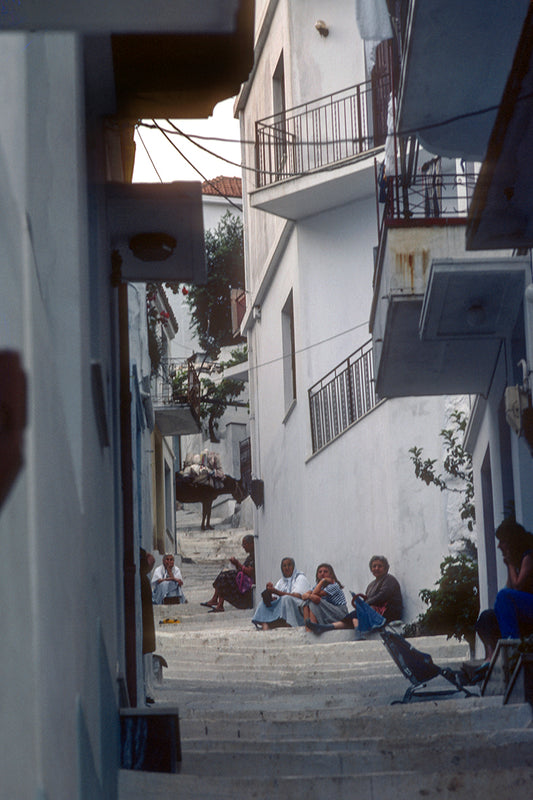 Women's gathering in Skopelos and in the background a donkey