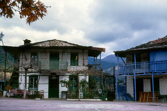 View of typical houses in Terpsithea village in Mount Parnassos