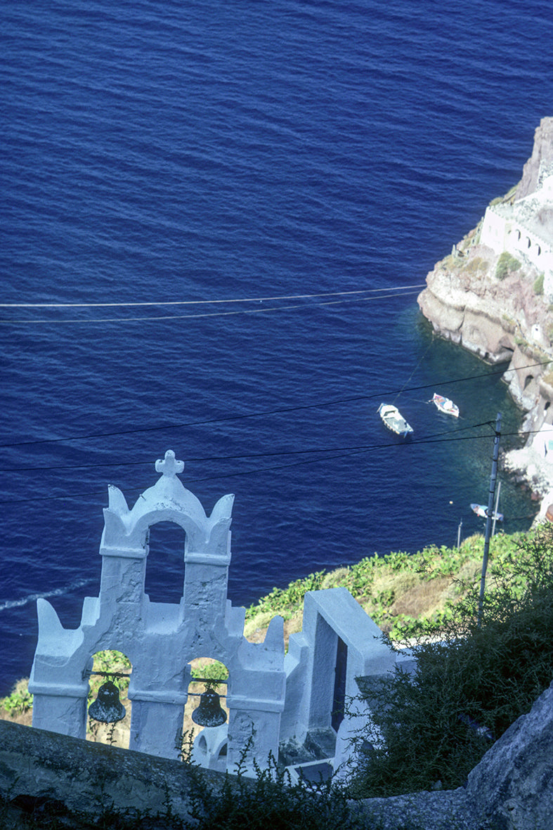 Santorini, view of bell towers and boats