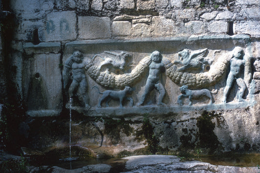 A carved fountain in Mani